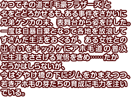 かつてその道で「毛豪ブラザーズ」と名をとどろかせるも、ある事件をさかいに兄弟ゲンカの末、表舞台から姿をけした。一度は自暴自棄となって各地を放浪してすさんだ生活をおくるが、ある女性との出会いをキッカケにアホ毛道の普及に生涯をささげる覚悟をきめ……たかどうかはしらないが、今は夕やけ橋の下にジムをかまえつつ、若きアホ毛の芽たちの育成に毛力を注いでいる。